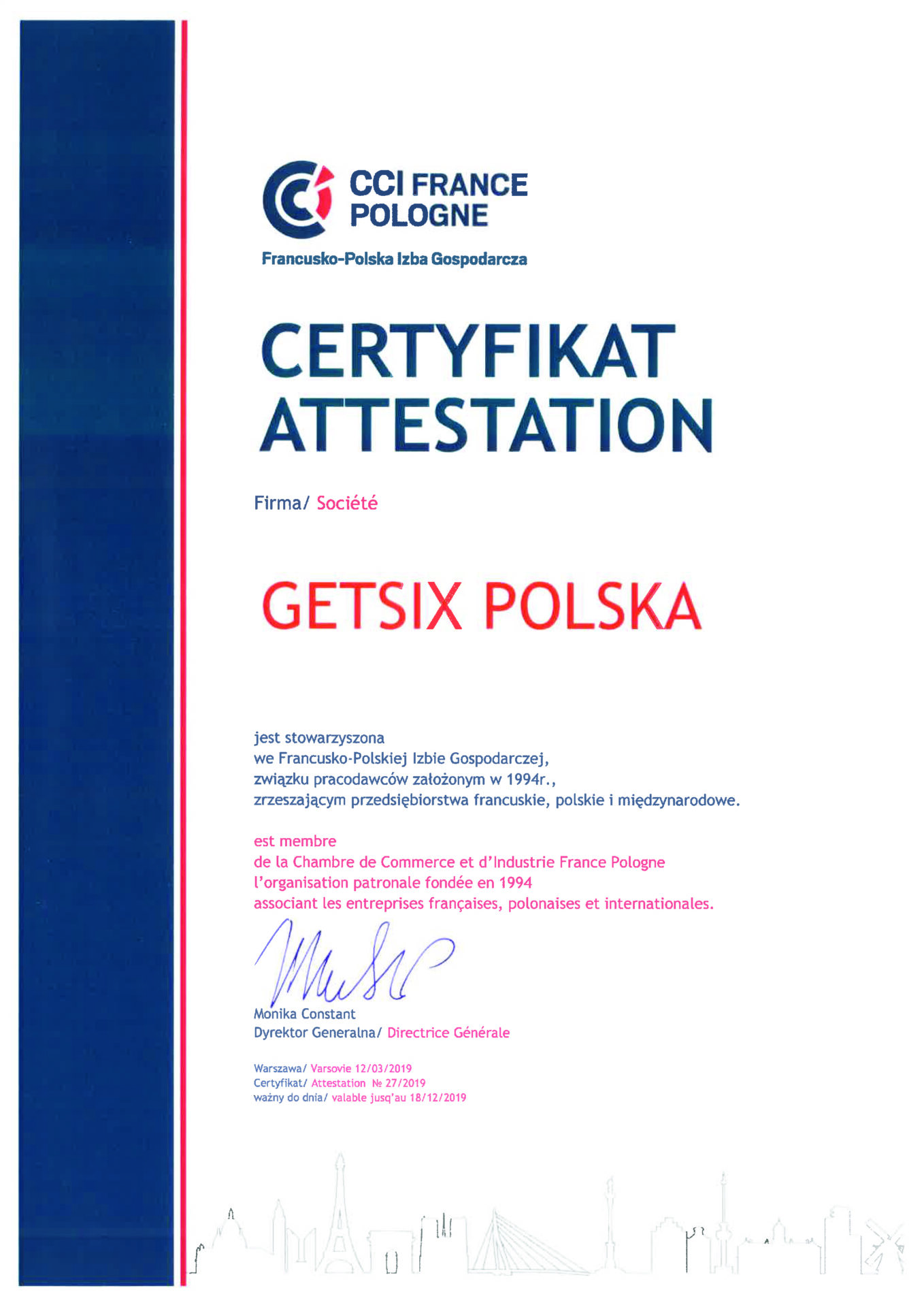 Zertifikat der Französisch-Polnische
															Handelskammer