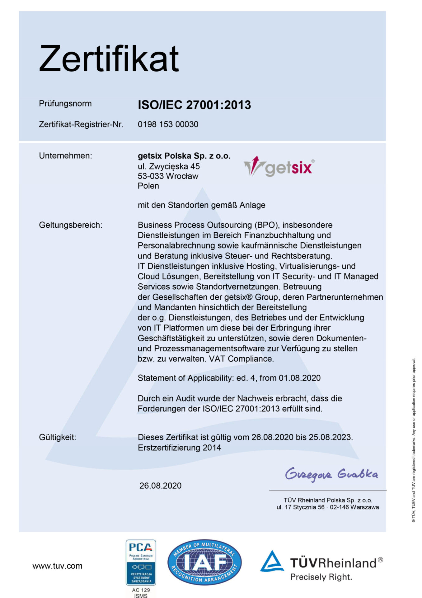getsix Polska ISO 27001 Zertifikat