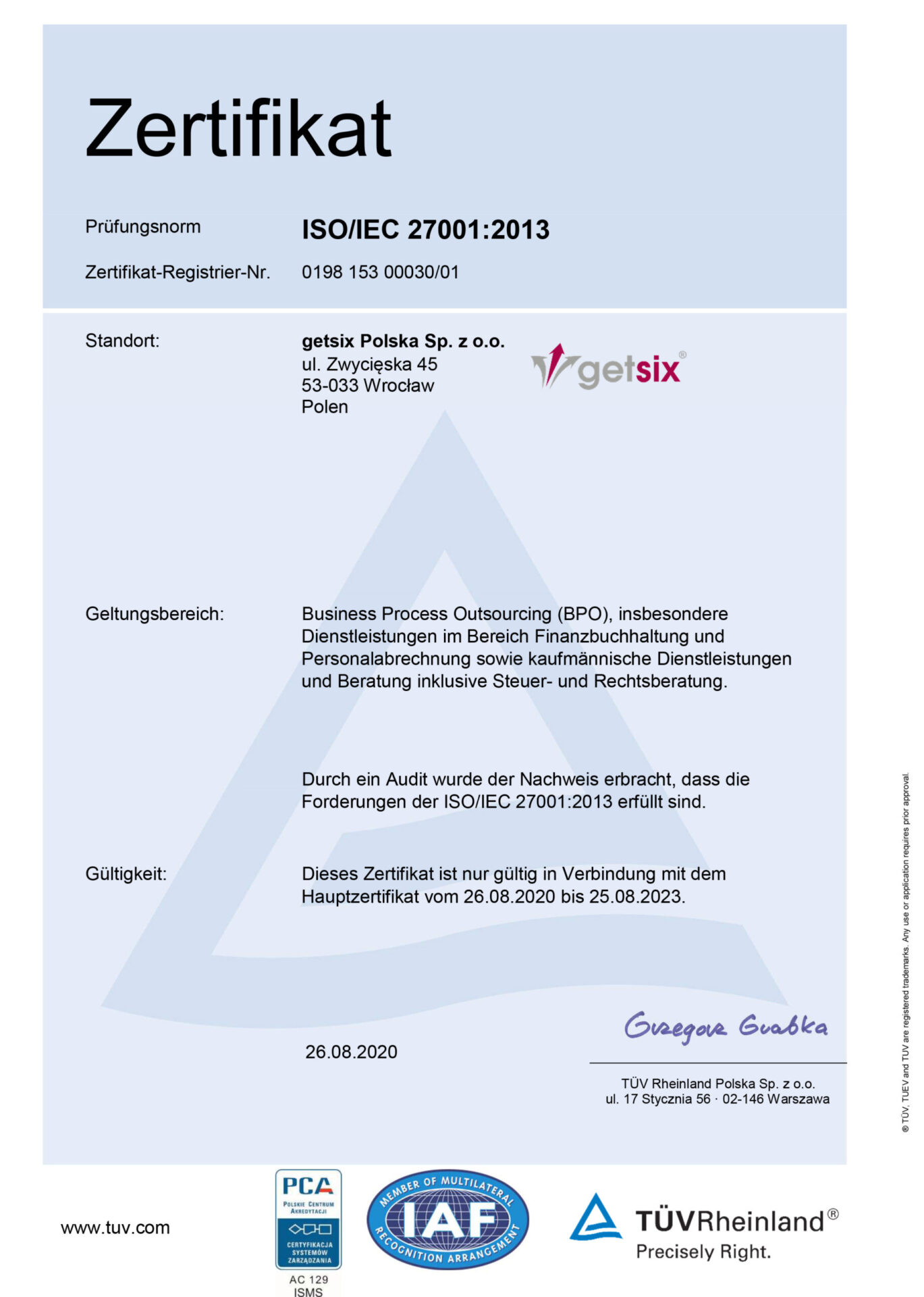 getsix Polska ISO 27001 Zertifikat