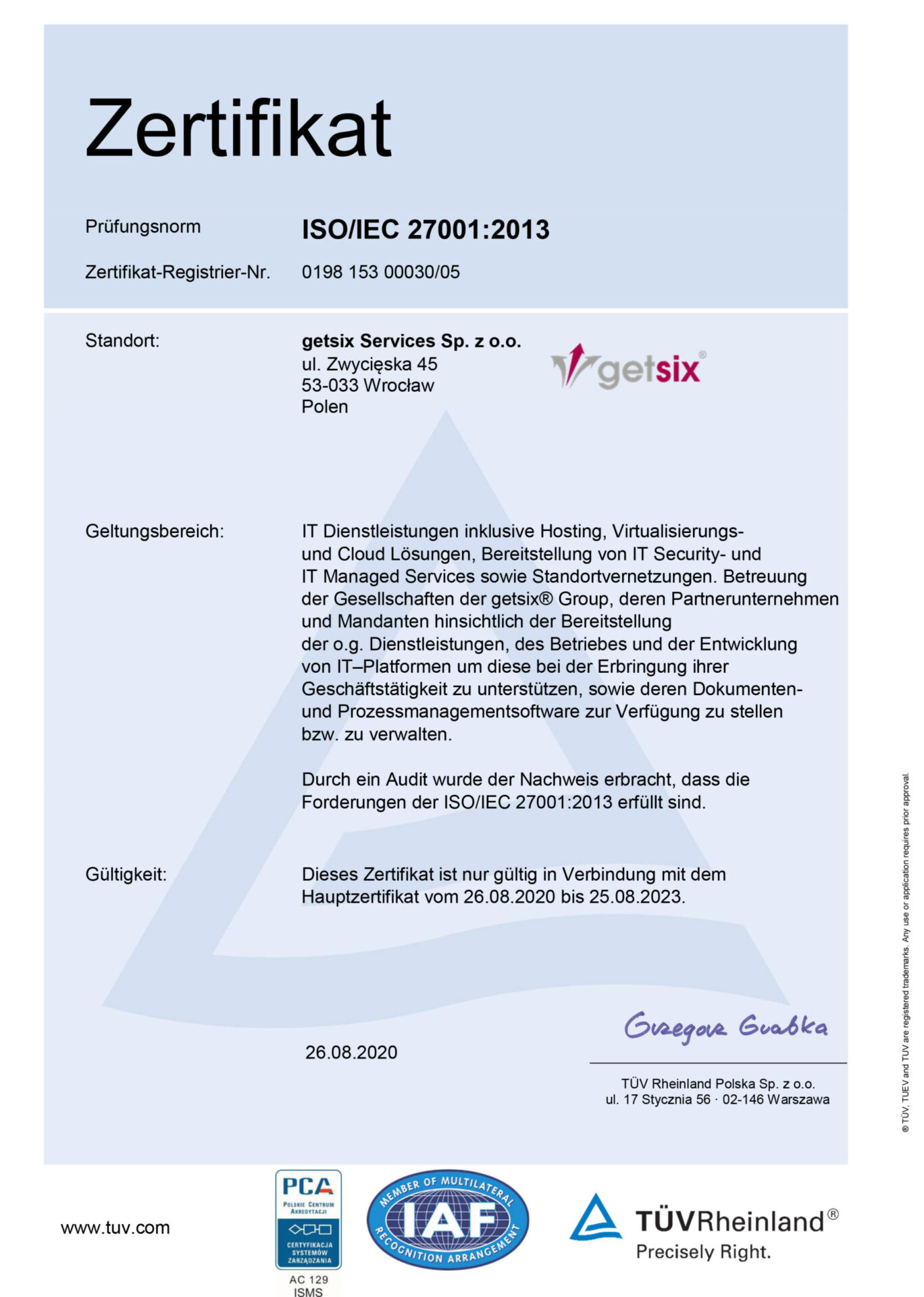 getsix Services ISO 27001 Zertifikat
