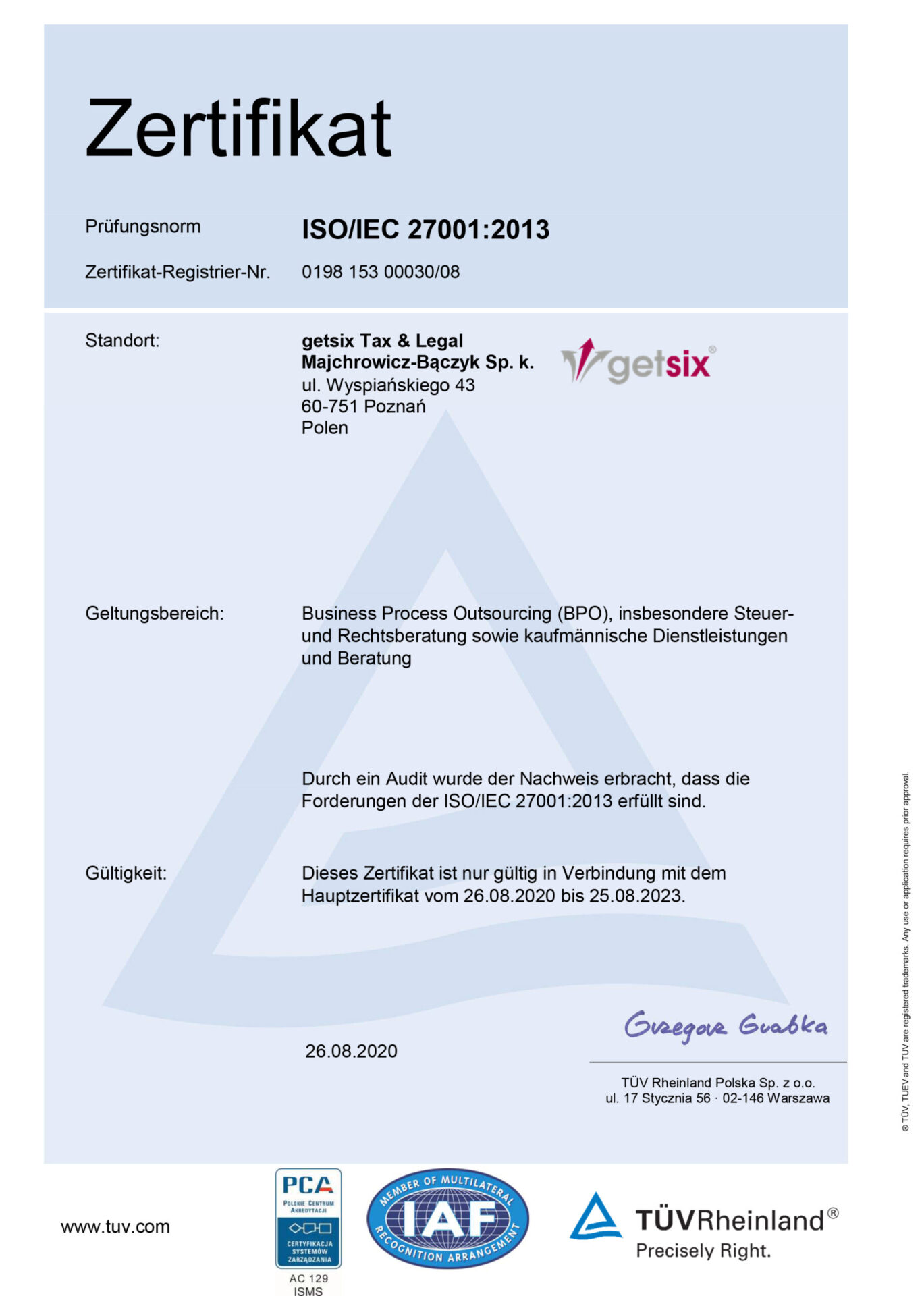 getsix Tax&Legal ISO 27001 Zertifikat