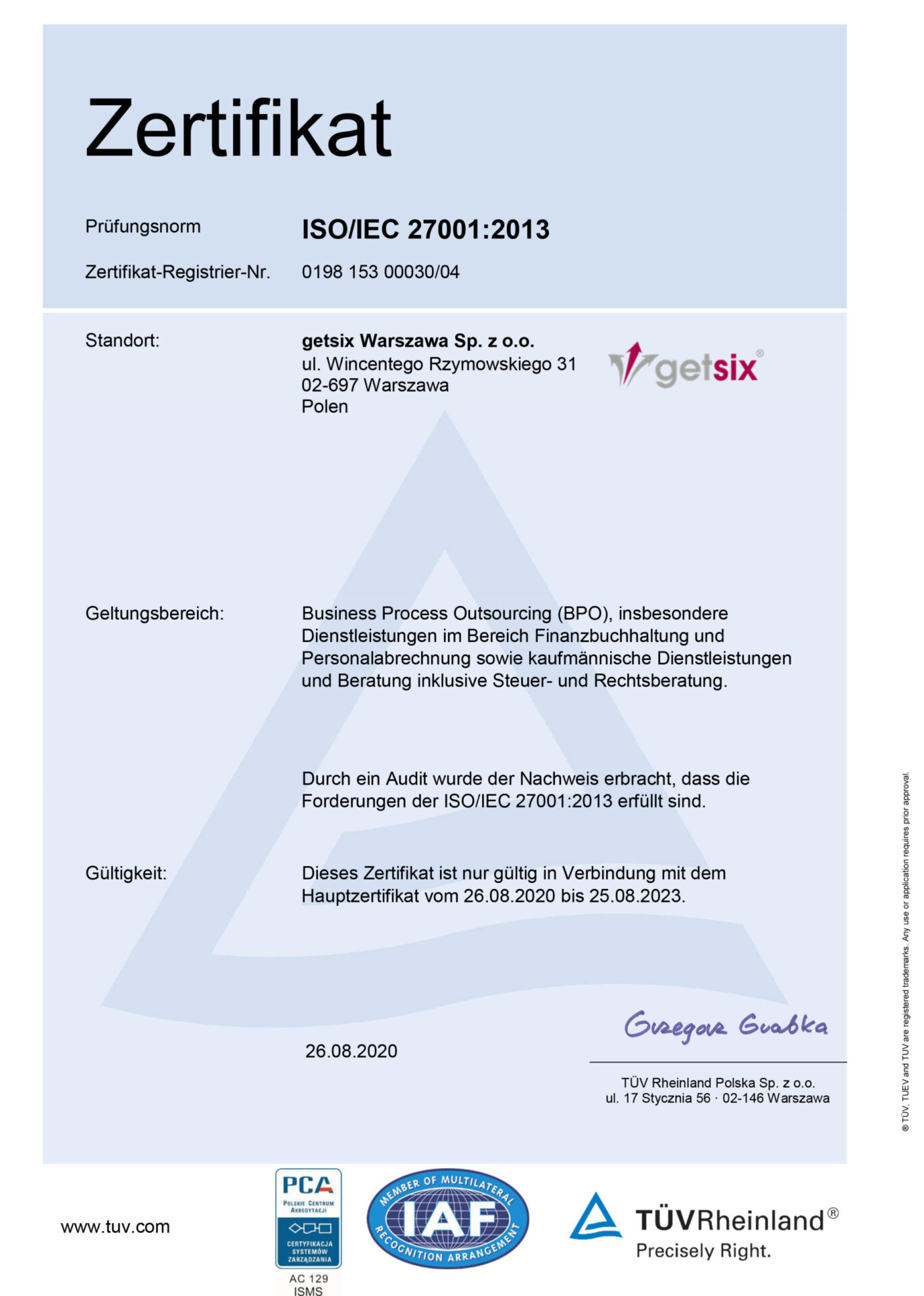 getsix Warszawa ISO 27001 Zertifikat